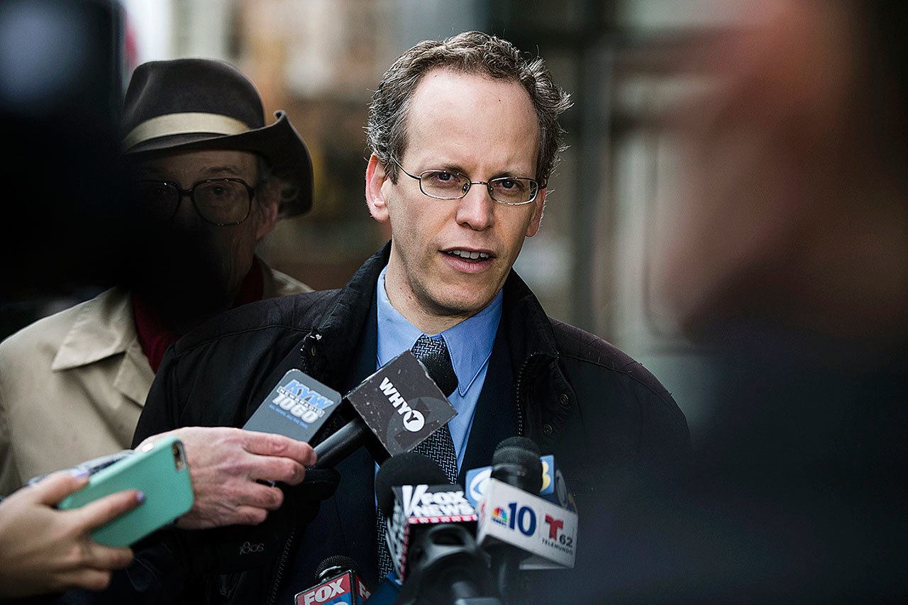 In this Dec. 5 photo, Ilann Maazel, lead counsel for the Green Party presidential candidate Jill Stein campaign, speaks with members of the media outside the federal courthouse in Philadelphia. (AP Photo/Matt Rourke, File)
