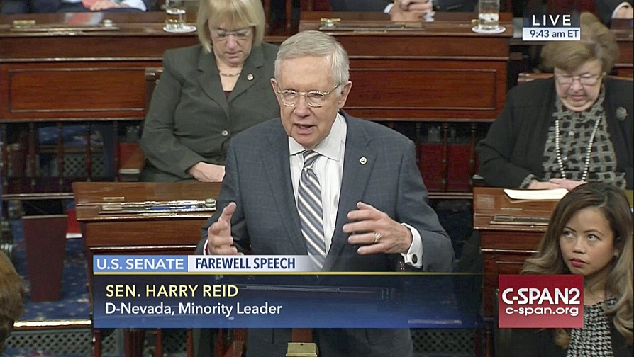 This image from video shows retiring Senate Minority Leader Harry Reid of Nevada giving his final speech on the Senate floor on Capitol Hill in Washington, on Thursday, Dec. 8. (C-SPAN2 via AP)