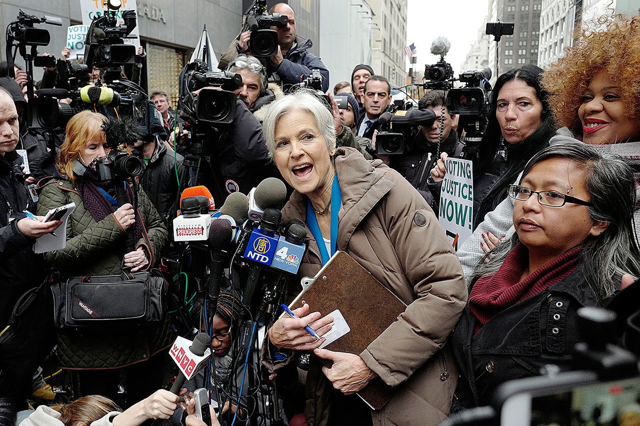 Jill Stein, the presidential Green Party candidate, speaks at a news conference in front of Trump Tower on Monday, Dec. 5, in New York. Stein is spearheading recount efforts in Pennsylvania, Michigan and Wisconsin. (AP Photo/Mark Lennihan)