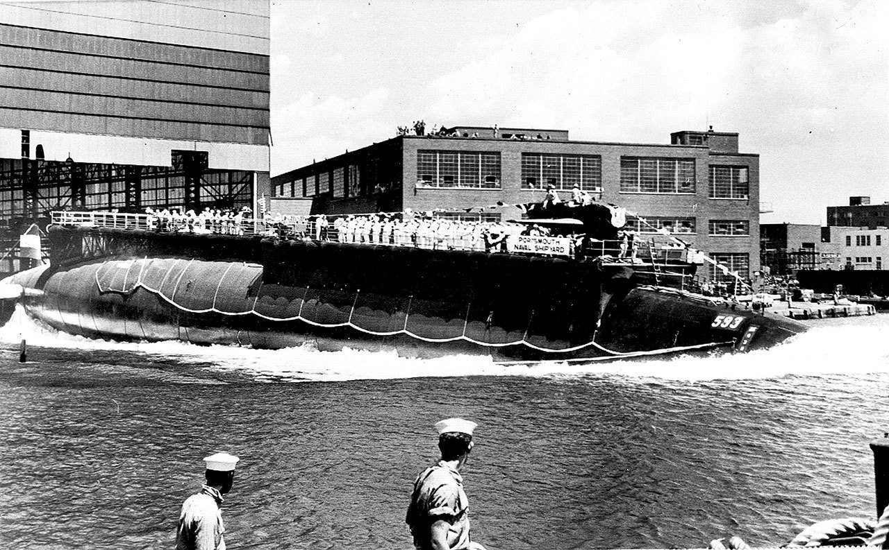 The 278-foot nuclear powered attack submarine USS Thresher is launched at the Portsmouth Navy Yard in Kittery, Maine, on July 9, 1960. (AP Photo)