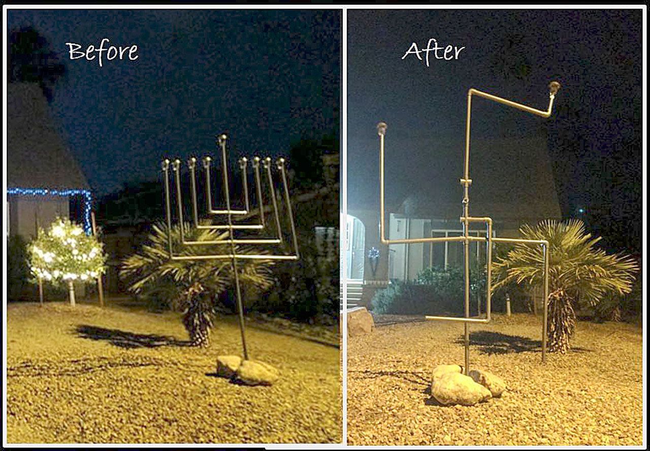 The Ellis family’s home at the beginning of Hanukkah (left) and early Friday morning when the menorah was vandalized. (Courtesy of Naomi Ellis)