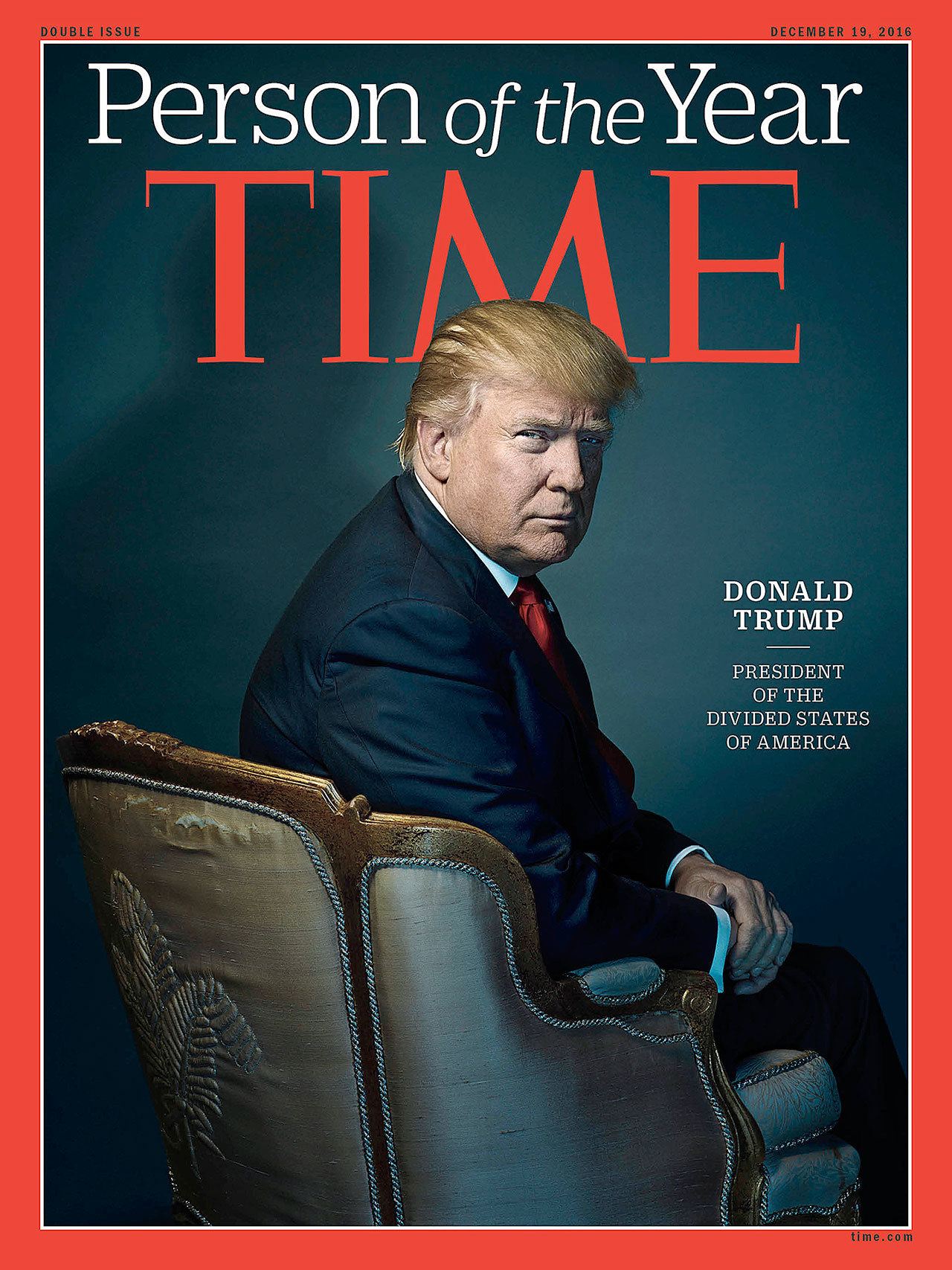 This image shows the cover of Time magazine’s Person of the Year edition with President-elect Donald Trump in New York. Time editor Nancy Gibbs said the publication’s choice was a “straightforward” choice of the person who has had the greatest influence on events “for better or worse.” (Nadav Kander for Time Magazine via AP)