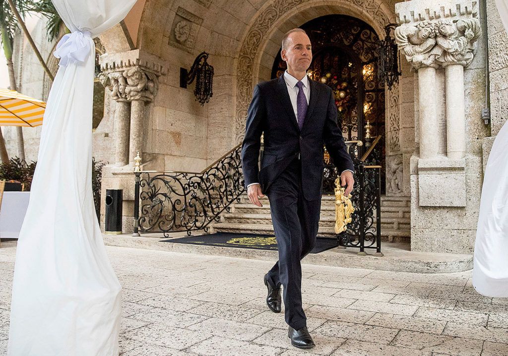 Boeing CEO Dennis Muilenburg leaves after meeting with President-elect Donald Trump at Trump’s Mar-a-Lago estate in Palm Beach, Florida on Dec. 21. (AP Photo/Andrew Harnik)
