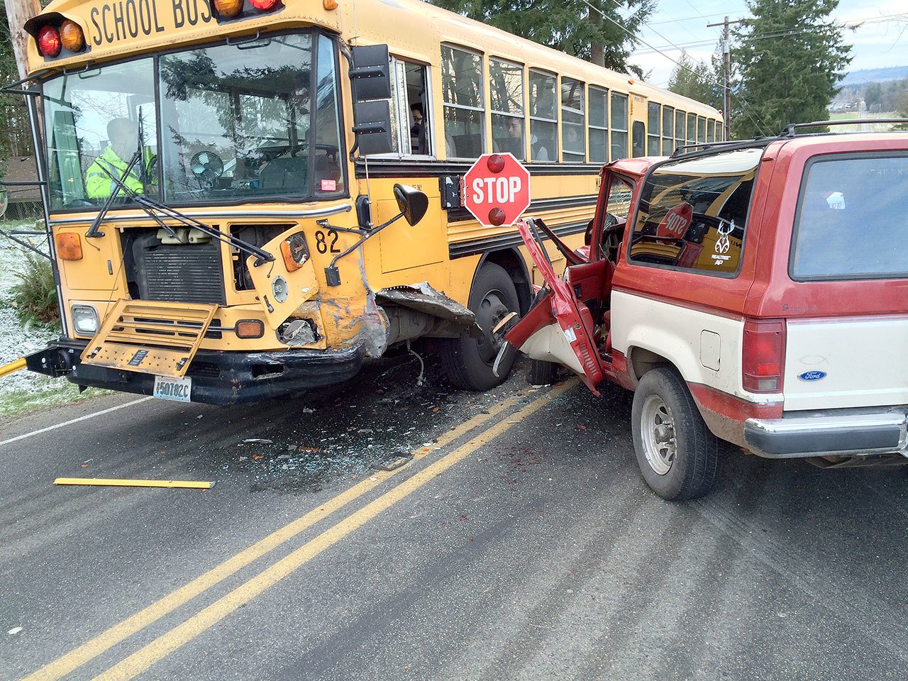 A driver is accused of hitting a school bus and then taking off near Marysville on Thursday afternoon. No children were injured. (Snohomish County Sheriff’s Office)
