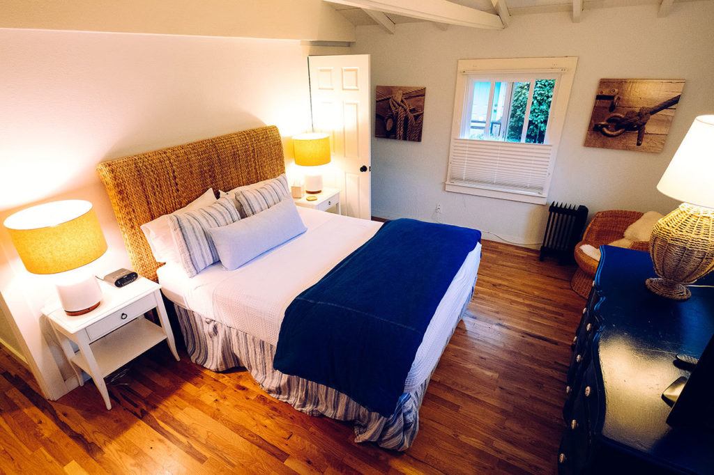 The bedroom of a cottage available for rent at the Sandpiper Inn, just steps away from Stinson Beach in Northern California. (Photo for The Washington Post by Ryan Jones)
