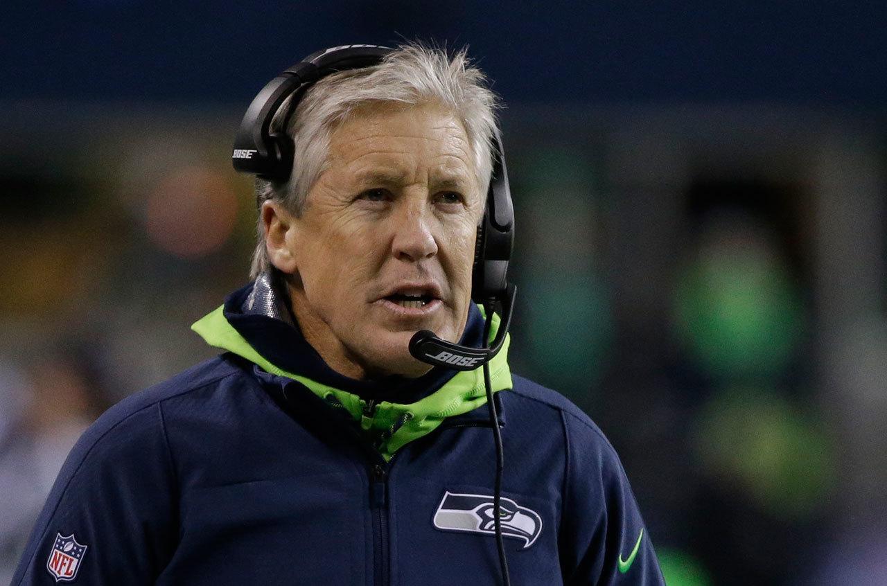 Seahawks head coach Pete Carroll looks on from the sidelines during a game against the Rams on Dec. 15 in Seattle. (AP Photo/Elaine Thompson)