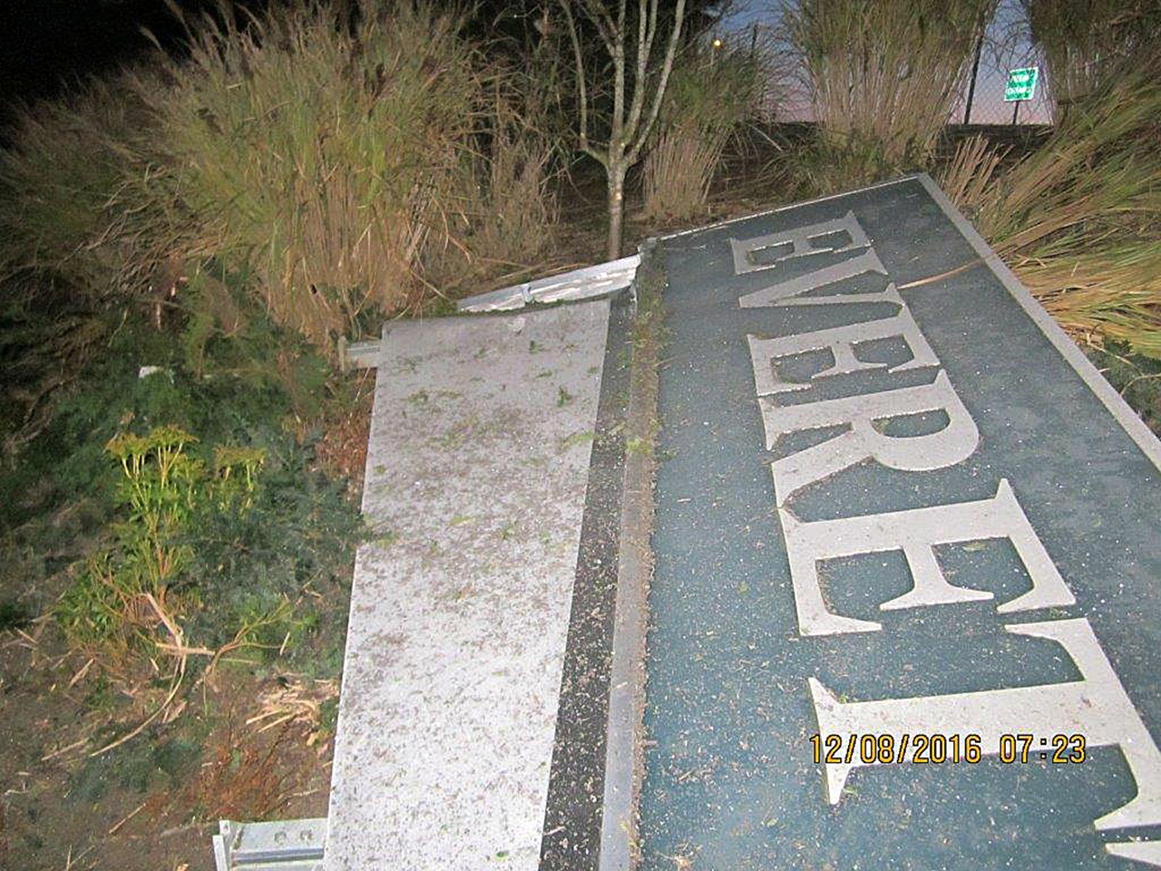 This is the “Everett” sign on Broadway after it was crashed into Thursday. (City of Everett)