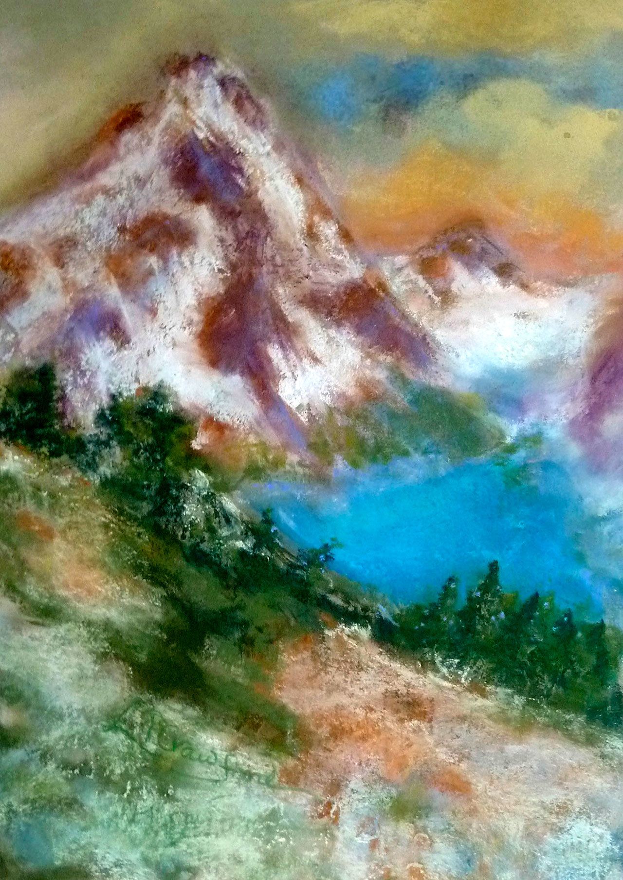 “Glacier Park Montana” is one of the Laurie Crawford pastels displayed in January in the gallery at Citrine Health in Everett.