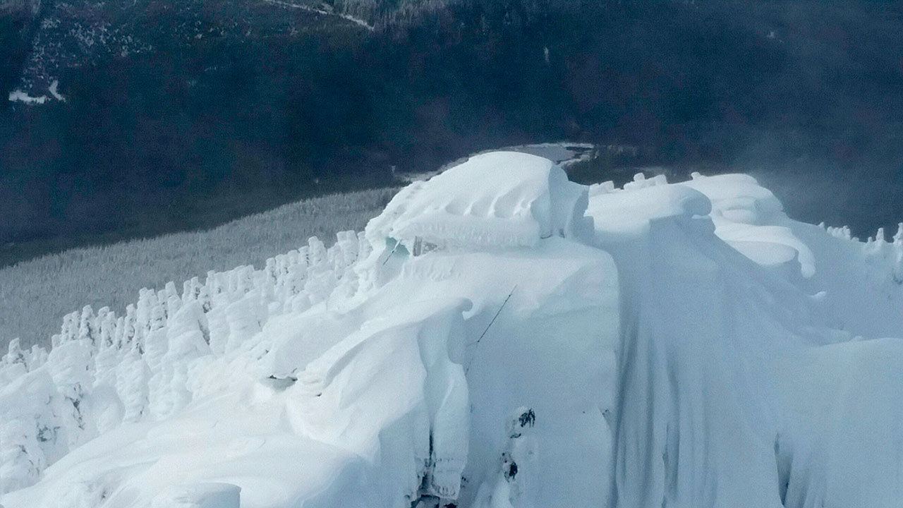 A Snohomish County sheriff’s Search & Rescue helicopter crew captured the snowfall at the Mount Pilchuck lookout earlier this month. The lookout is atop the 5,300-foot peak east of Granite Falls in the Mount Baker-Snoqualmie National Forest. The crew was in the area for training. (Snohomish County Sheriff’s Office)