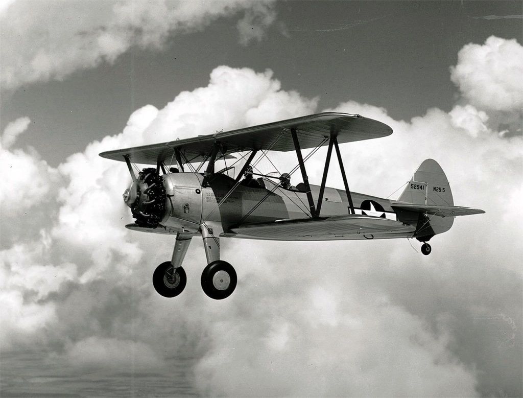 This photo of a Boeing N2S-5, a U.S. Navy version of the U.S. Army PT-13D “Kaydet” trainer, taken in July 1944 in Wichita, Kansas, provided the airplane that is featured on a proposed specialty license plate to support statewide aviation programs. (Contributed photo / Boeing)
