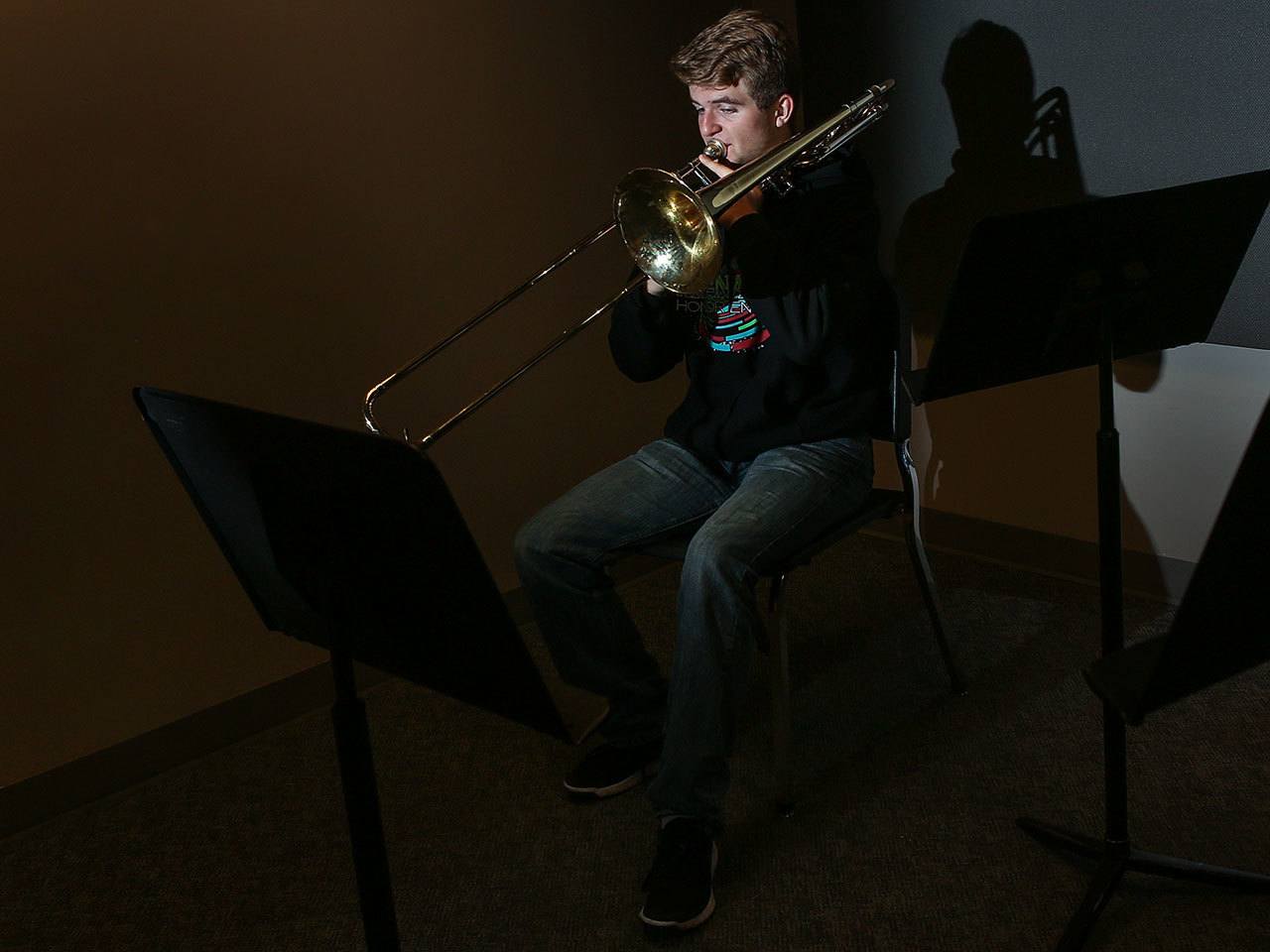 Constantine “Costa” Angelos, a senior at Mariner High School, played trombone for the 2016 All-National Honor Symphony Orchestra at the National Association for Music Educators convention held Nov. 10-13 in Grapevine, Texas. He was the only Snohomish County musician selected for any of the four All-National Honor ensembles.( Kevin Clark / The Herald)