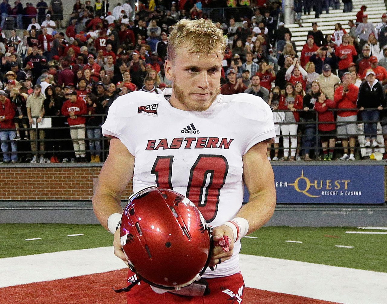Eastern Washington wide receiver Cooper Kupp (10) is believed to be the first player selected to the AP FCS All-America first team four straight years. (AP Photo/Young Kwak, File)