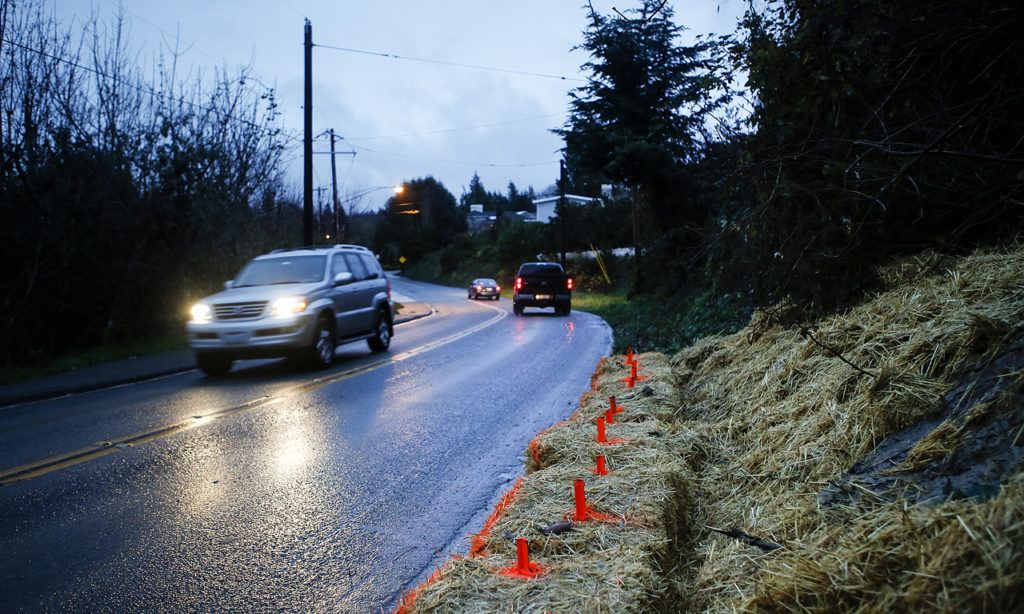 The remnants of a slide that occurred on Thanksgiving morning on Olympic View Drive in Edmonds is seen Friday. (Ian Terry / The Herald)
