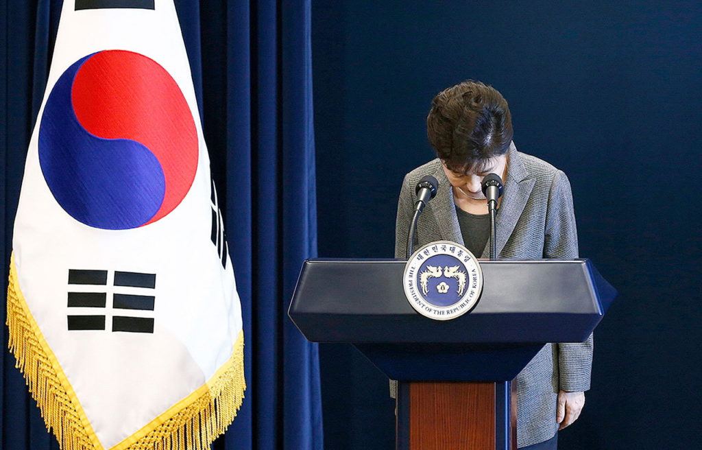 In this Nov. 29 photo, South Korean President Park Geun-hye bows during her address to the nation while saying she’ll resign if parliament comes up with a plan for the safe transfer of power, at the presidential Blue House in Seoul. South Korea. (Pool Photo via AP, File)
