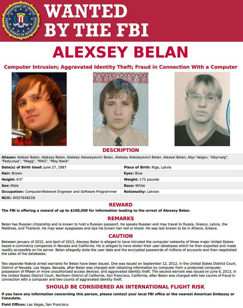 This image shows the wanted poster for Alexsey Belan. (FBI via AP)
