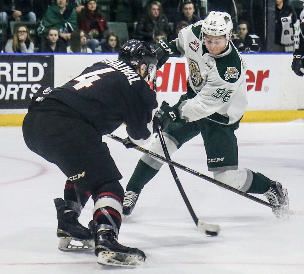 The Silvertips’ Dominic Zwerger attempts a shot with the Giants’ Bailey Dhaliwal defending in the second period Wednesday night at Xfinity Arena in Everett. (Kevin Clark / The Herald)
