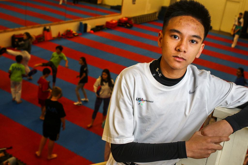 Balil Hasan, 15, sophomore at Kamiak High School is a member of the USA Taekwondo Junior National Team and recently competed at the World Junior Championships in Canada. (Kevin Clark / The Herald)
