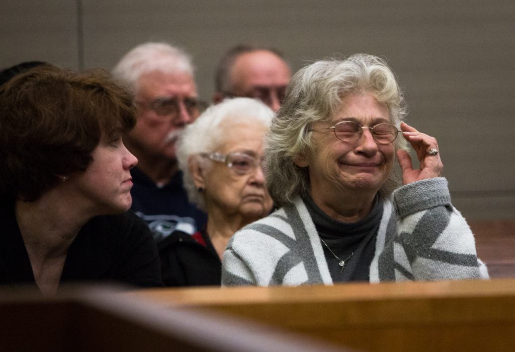 Robyn Loeck reacts as the judge sentences Tye Fleischer to life in prison without parole at the Snohomish County Court on Monday in Everett. (Daniella Beccaria /The Herald)
