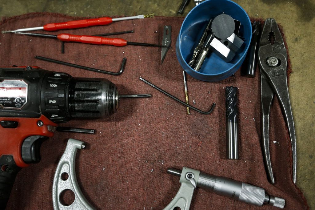 Tools are laid out at a work station at RB Enterprises in Mukilteo on Wednesday. (Ian Terry / The Herald)
