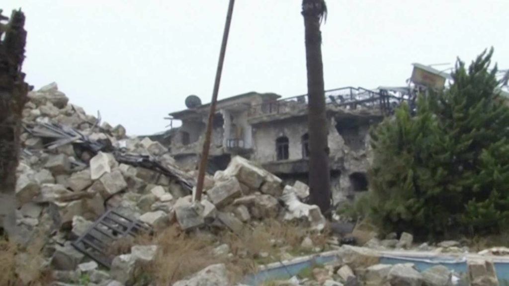 This frame grab from a Dec. 13 video shows damaged buildings near the ancient Umayyad Mosque, in the Old City of Aleppo, Syria. (AP Photo)
