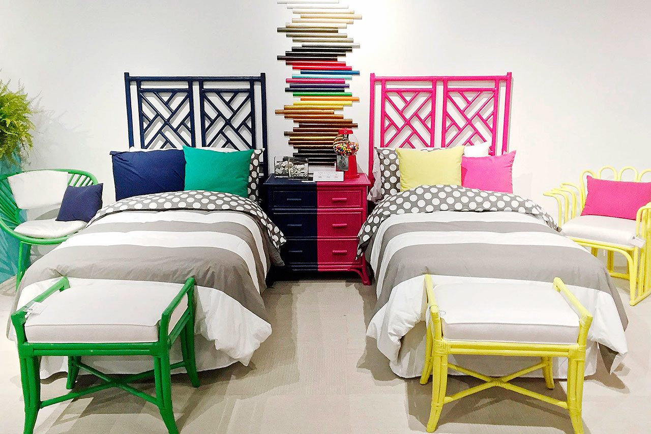 David Francis headboards come in a variety of rattan patterns and hardwoods. These blue and pink twin beds show the Chippendale pattern. (Patricia Sheridan / Pittsburgh Post-Gazette / TNS)
