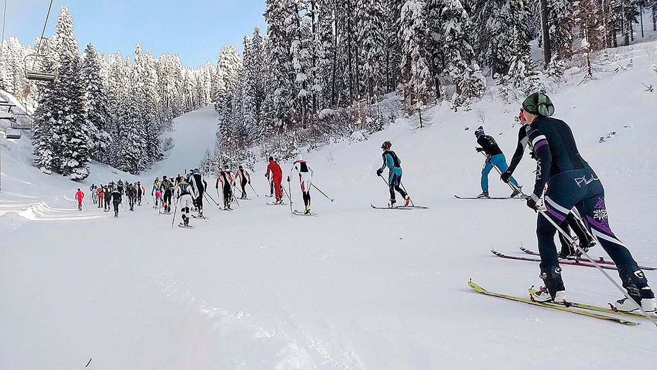Ski mountaineering racers make their way up the 45th Parallel run during the Northwest Passage Ski Mountaineering Vertical Race at Brundage Ski resort in McCall, Idaho, on Dec. 16. The vertical race featured a sprint to the top of the mountain that included 530 meters of elevation gain. (Kyle Green / Idaho Statesman)