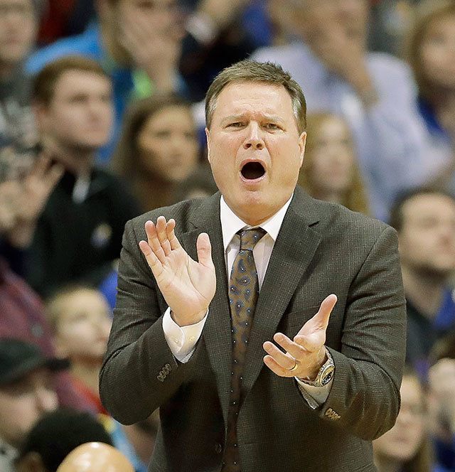 Kansas coach Bill Self, shown here on Jan. 14 in Lawrence, Kan., said he doesn’t currently have any evidence that any KU players should be suspended following five players being questioned as witnesses in an investigation of crimes committed at a players’ dorm. (AP Photo/Charlie Riedel)