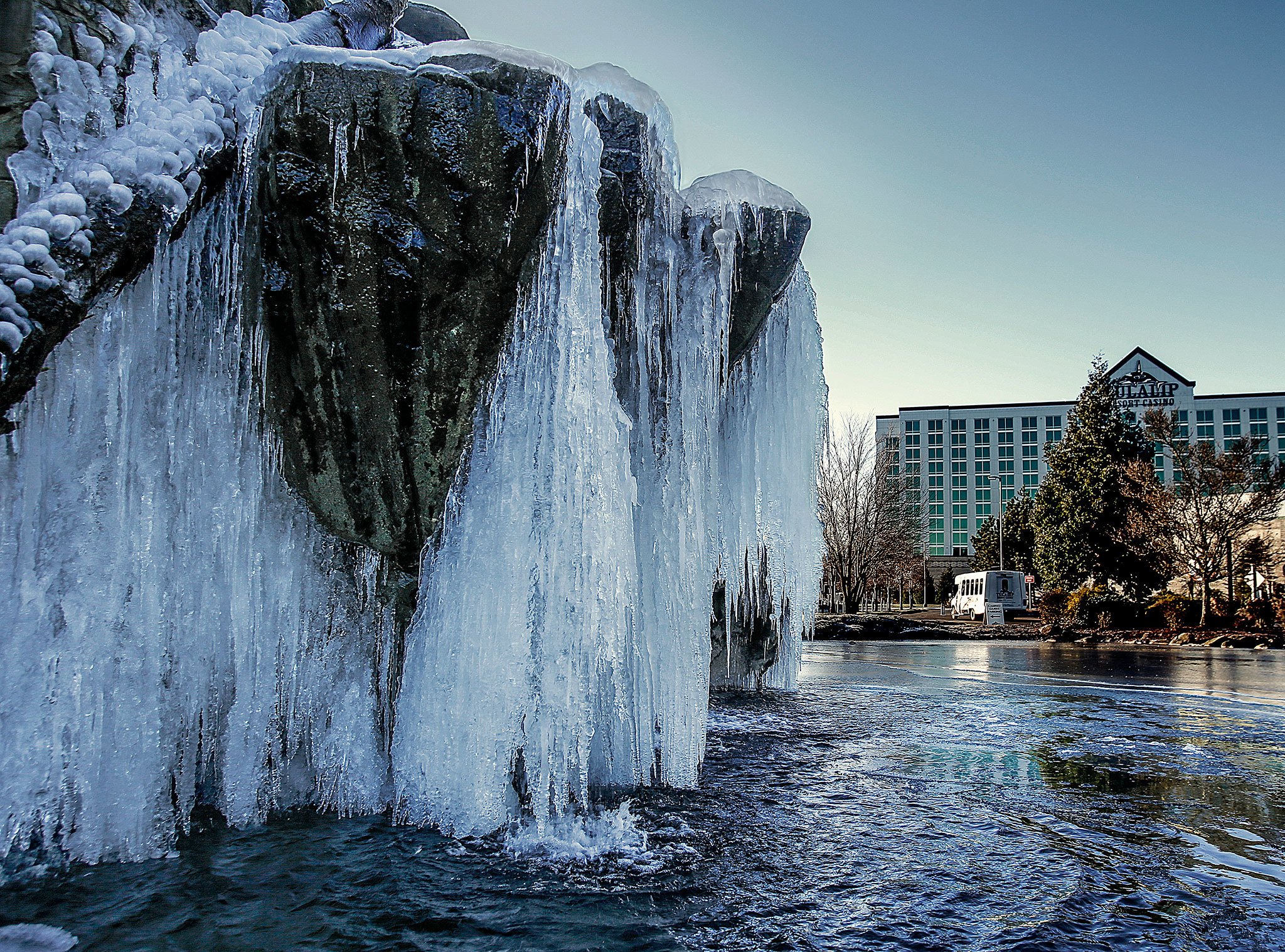 The outdoor water displays at the main entrance to the Tulalip Resort Casino were heavily encrusted in ice early Thursday as temperatures began the day well below freezing. (Dan Bates / The Herald)