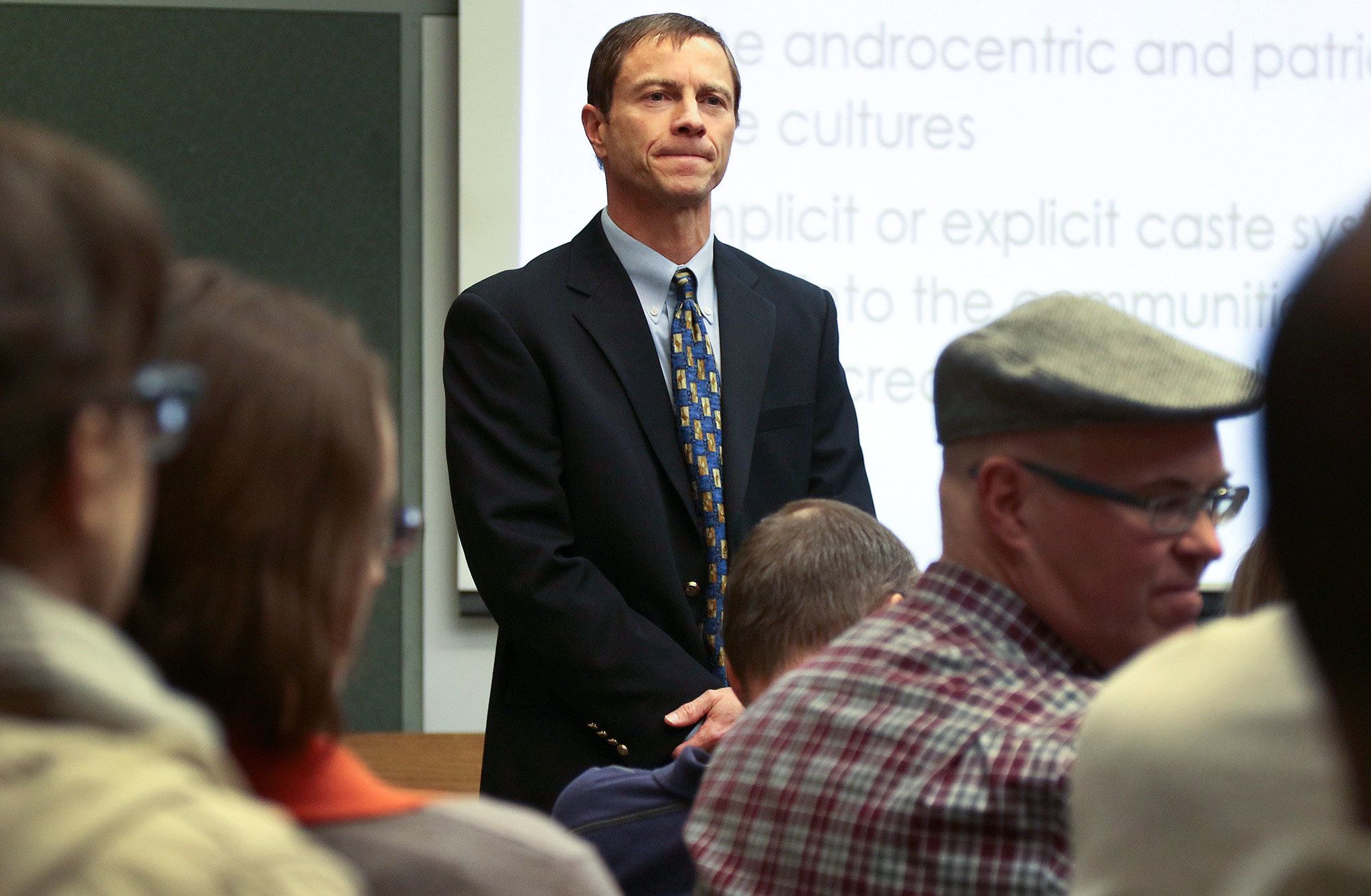David E. Smith listens during his religion and human rights presentation at the Lynnwood Library in Lynnwood in 2015. Smith, who teaches at the University of Washington, is holding a free four-part course on world religions, with one session being held each month at the Lynnwood Library beginning Jan. 26. (Kevin Clark / Herald file)
