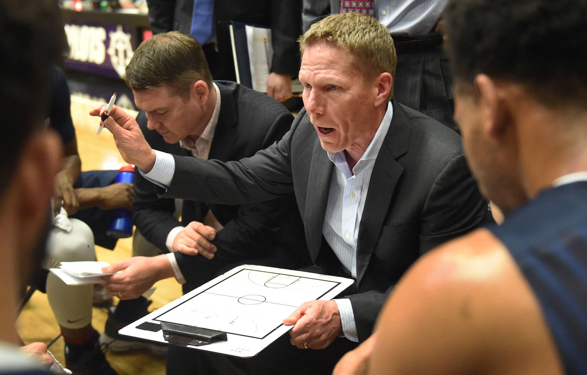 Gonzaga men’s basketball coach Mark Few speaks with his team during the second half of the Bulldogs’ game against Portland on Monday night. (AP Photo/Steve Dykes)