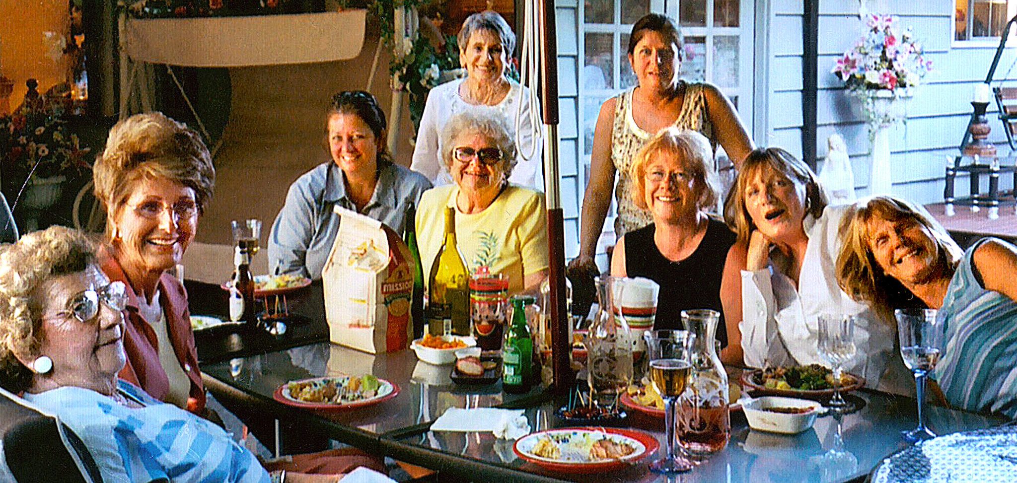 The “Bonnettes,” a group of former downtown Everett Bon Marche employees, at one of their monthly gatherings. Pictured are (from left): Marvel Cummings, Edythe Pavish, Lisa Amundson, the late Goldie Backlezos (standing), Ruth Wilson, Connie Leese (standing), Mary Lou Jones, Kim Goebbert and Val Rude. (Contributed photo)