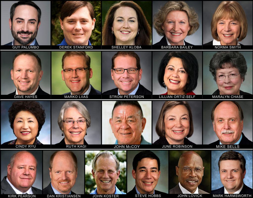 The lawmakers in the seven districts serving Snohomish and Island counties are: Row 1 (L-R): Guy Palumbo, Derek Stanford, Shelley Kloba, Barbara Bailey, Norma Smith; Row 2: Dave Hayes, Marko Liias, Strom Peterson, Lillian Ortiz-Self, Maralyn Chase; Row 3: Cindy Ryu, Ruth Kagi, John McCoy, June Robinson, Mike Sells; Row 4: Kirk Pearson, Dan Kristiansen, John Koster, Steve Hobbs, John Lovick, Mark Harmsworth.
