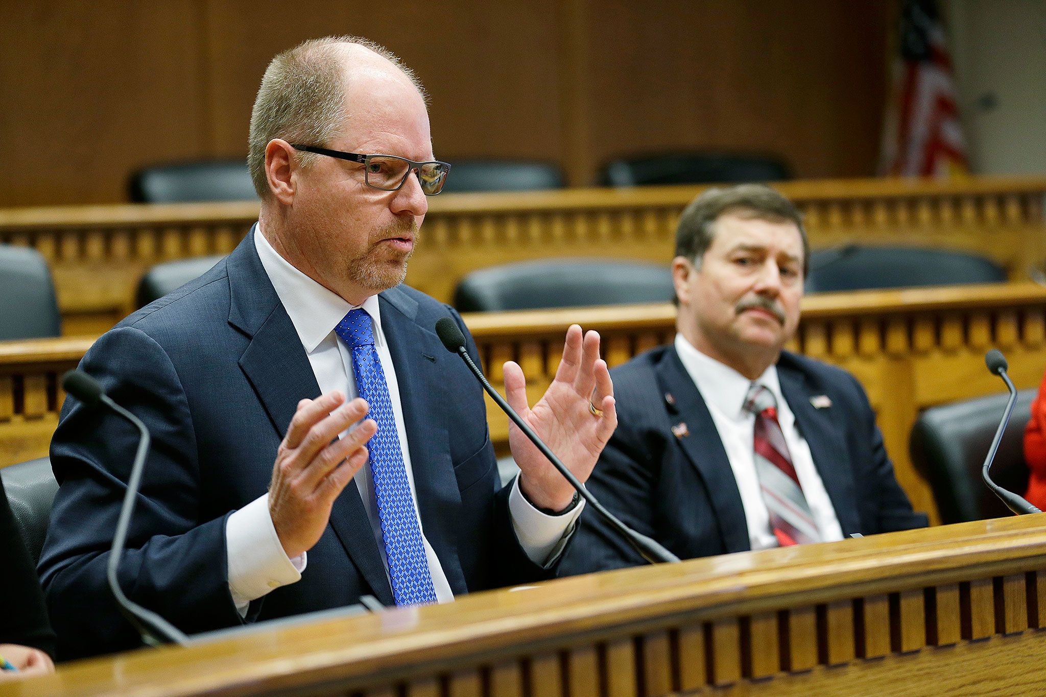 From left, House Minority Leader Dan Kristiansen, R-Snohomish, speaks as Senate Majority Leader Mark Schoesler, R-Ritzville, looks on at right, during the annual AP Legislative Preview, Thursday, Jan. 5, 2017, at the Capitol in Olympia, Wash. (AP Photo/Ted S. Warren)