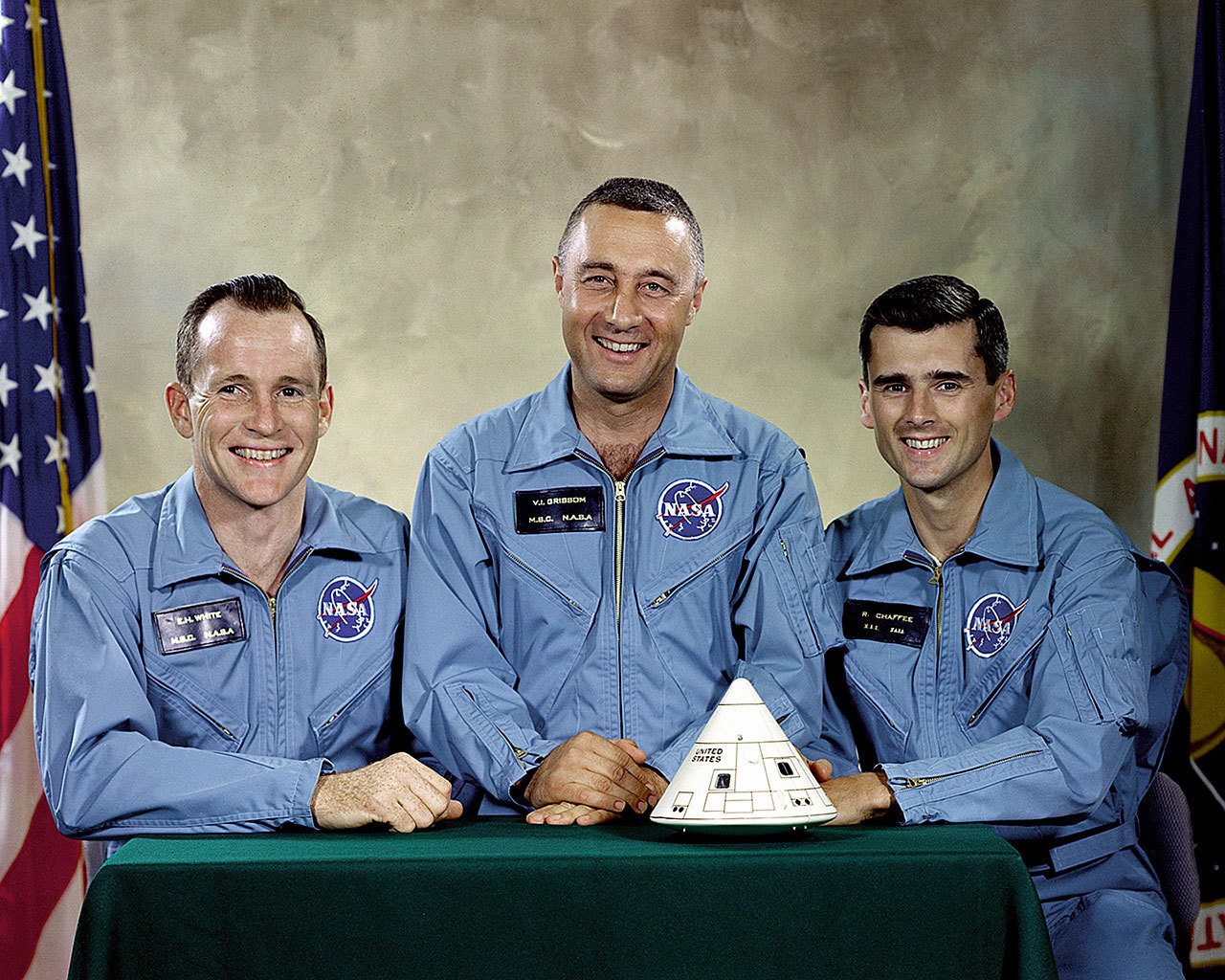 This undated photo shows the Apollo 1 crew (from left) Edward H. White II, Virgil I. “Gus” Grissom, and Roger B. Chaffee. On Jan. 27, 1967, a flash fire erupted inside their capsule during a countdown rehearsal, with the astronauts atop the rocket at Cape Canaveral’s Launch Complex 34. All three were killed. (NASA via AP)