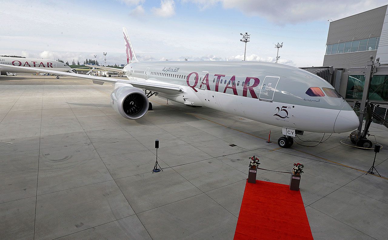 A Boeing 787 airplane purchased by Qatar Airways is seen during a delivery ceremony in Everett in 2015. (AP Photo/Ted Warren)