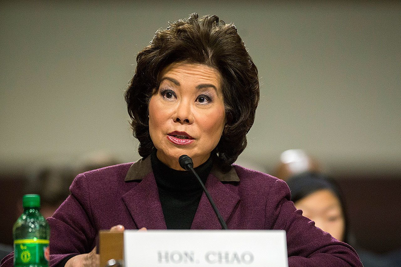 Transportation Secretary-designate Elaine Chao testifies on Capitol Hill in Washington on Wednesday, Jan. 11, at her confirmation hearing before the Senate Commerce, Science, and Transportation Committee. (AP Photo/Zach Gibson)