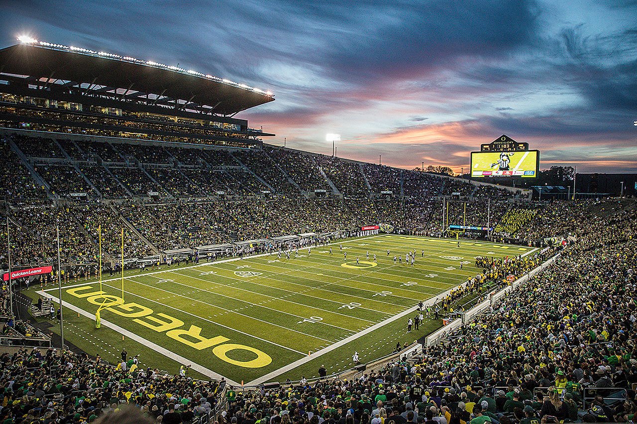 In this Oct. 8, 2016 photo, Autzen Stadium is shown as Oregon plays Washington in an NCAA college football game in Eugene, Oregon. The Oregonian reported on Jan. 16 that at least three Oregon players have been hospitalized following a series of intense workouts. (AP Photo/Thomas Boyd, File)