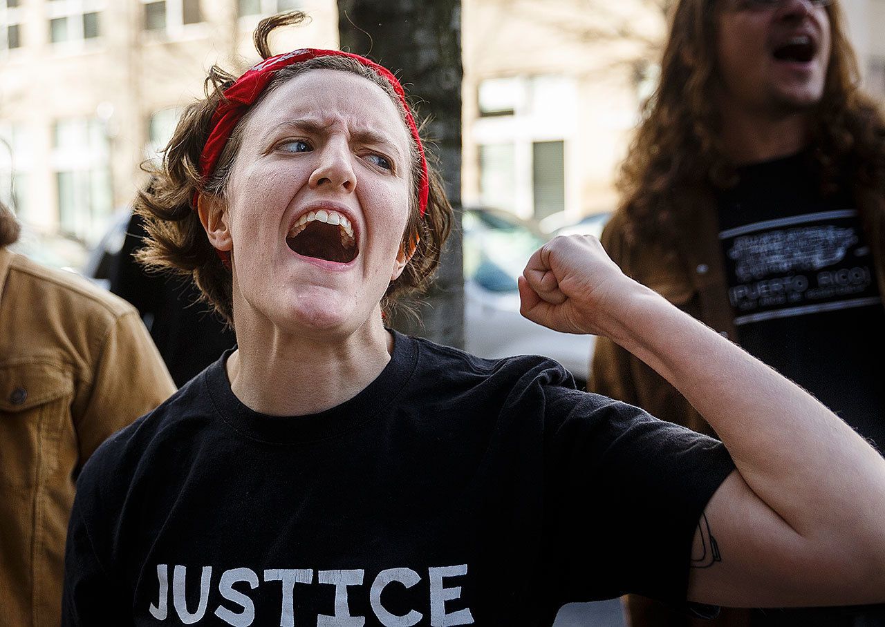 Kelly Ann Graff chants during a “Resist Trump Rally” in Chattanooga, Tennessee, on Friday. (Doug Strickland/Chattanooga Times Free Press)