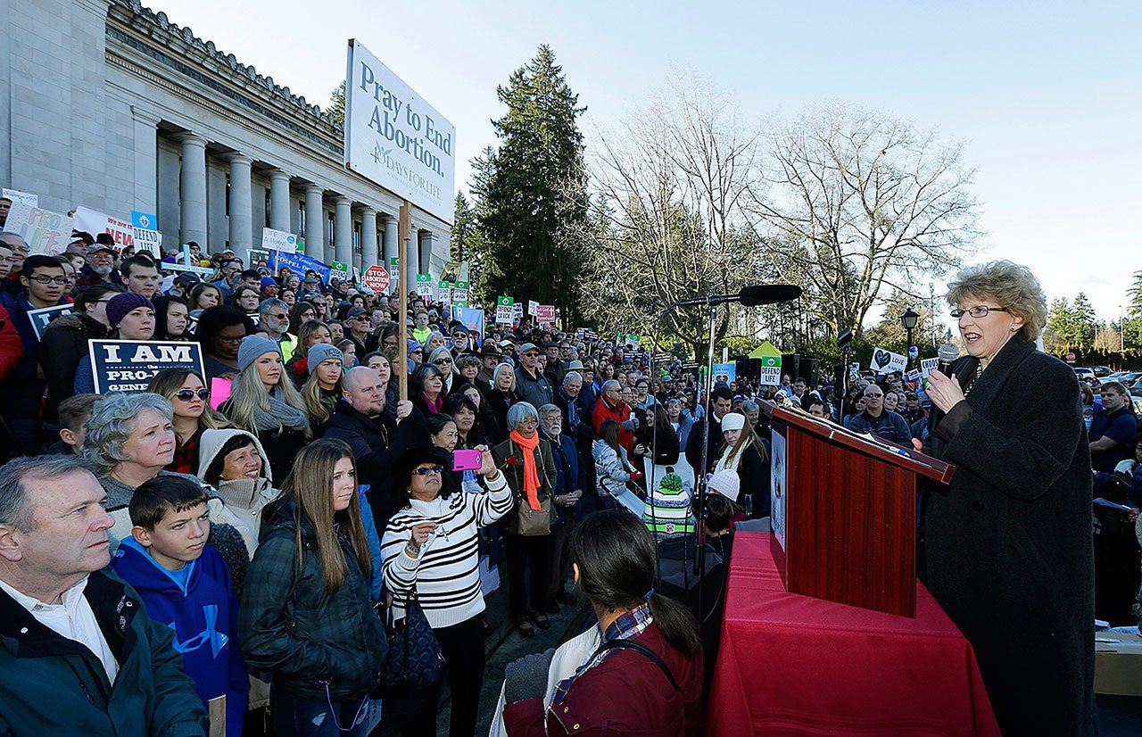 Rep. Shelly Short, R-Addy, speaks Monday, Jan. 23, at an anti-abortion rally at the Capitol in Olympia. (AP Photo/Ted S. Warren)