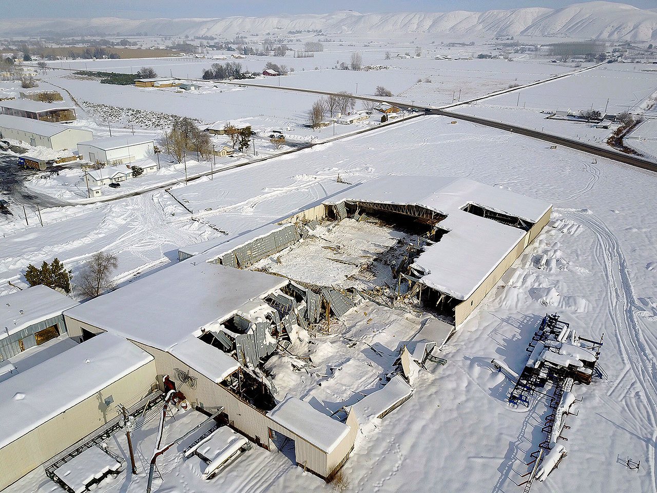 A Partners Produce facility in Payette, Idaho, that collapsed under the weight of snow. (Jason Brainerd/Rapid Aerial LLC via AP)
