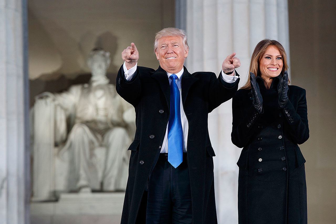 President-elect Donald Trump and his wife, Melania, arrive Thursday at the “Make America Great Again Welcome Concert” at the Lincoln Memorial in Washington. (AP Photo/Evan Vucci)