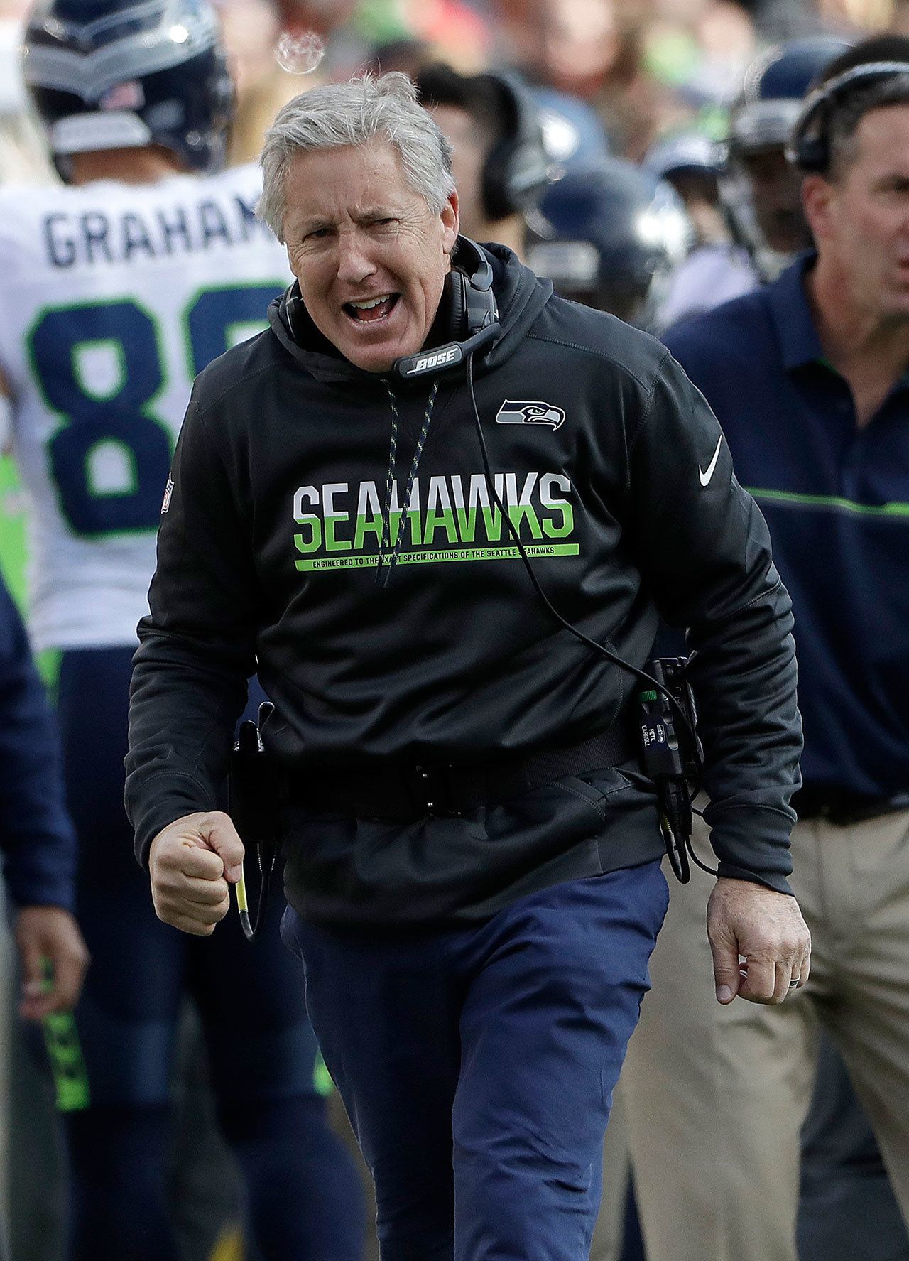 Seahawks head coach Pete Carroll reacts after his team scored a touchdown during the first half of a game against the 49ers this past Sunday in Santa Clara, Calif. (AP Photo/Marcio Jose Sanchez)