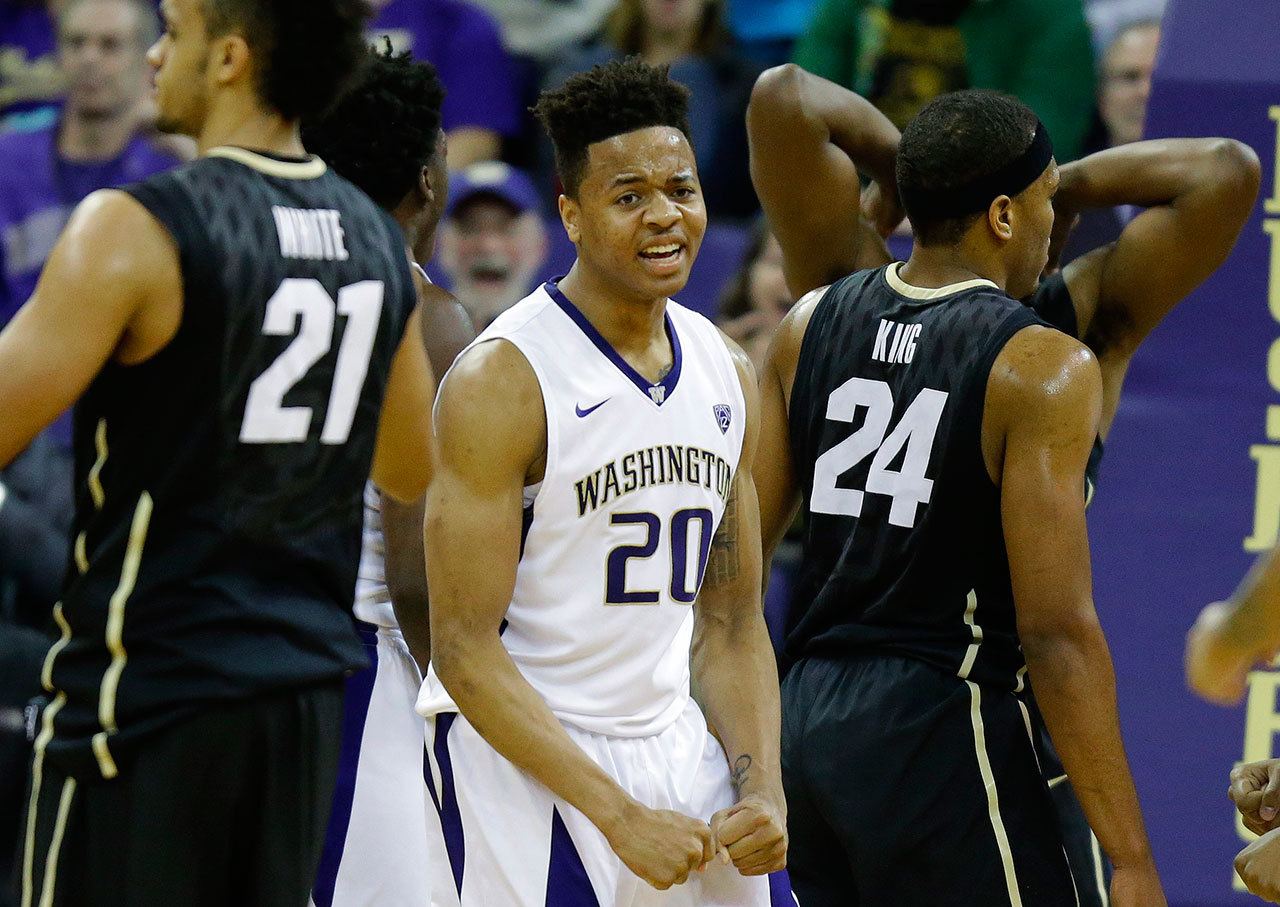 Washington guard Markelle Fultz (20) reacts to a play against Colorado during overtime on Wednesday in Seattle. Washington won 85-83. (AP Photo/Ted S. Warren)