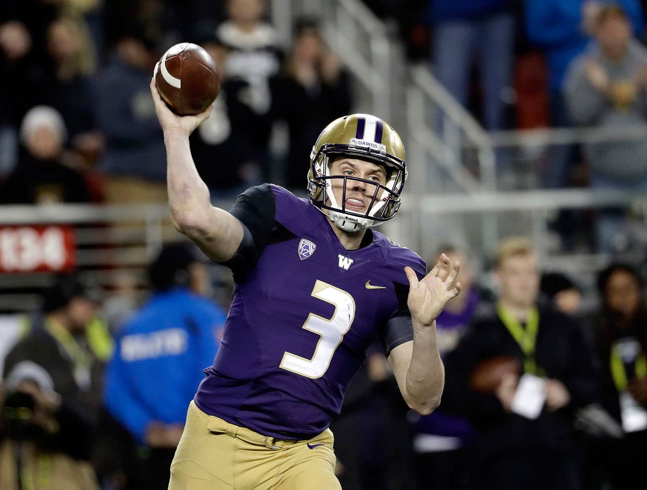 Washington quarterback Jake Browning (3) throws against Colorado during the first half of the Pac-12 Conference championship on Dec. 2 in Santa Clara, Calif. (AP Photo/Marcio Jose Sanchez)