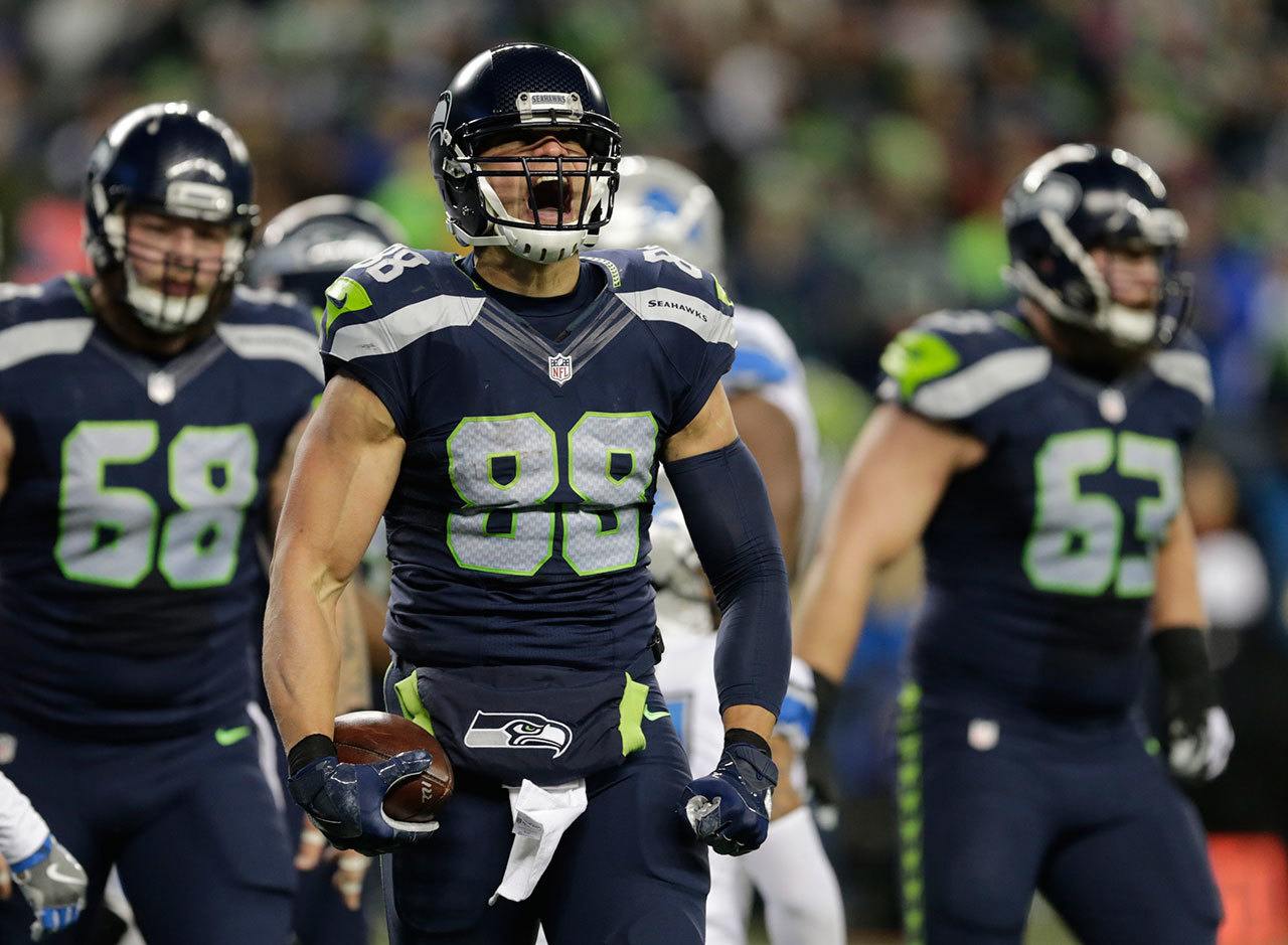 Seahawks tight end Jimmy Graham (88) celebrates after making a reception against the Lions in the second half of an NFC wild card playoff game Saturday in Seattle. (AP Photo/Stephen Brashear)