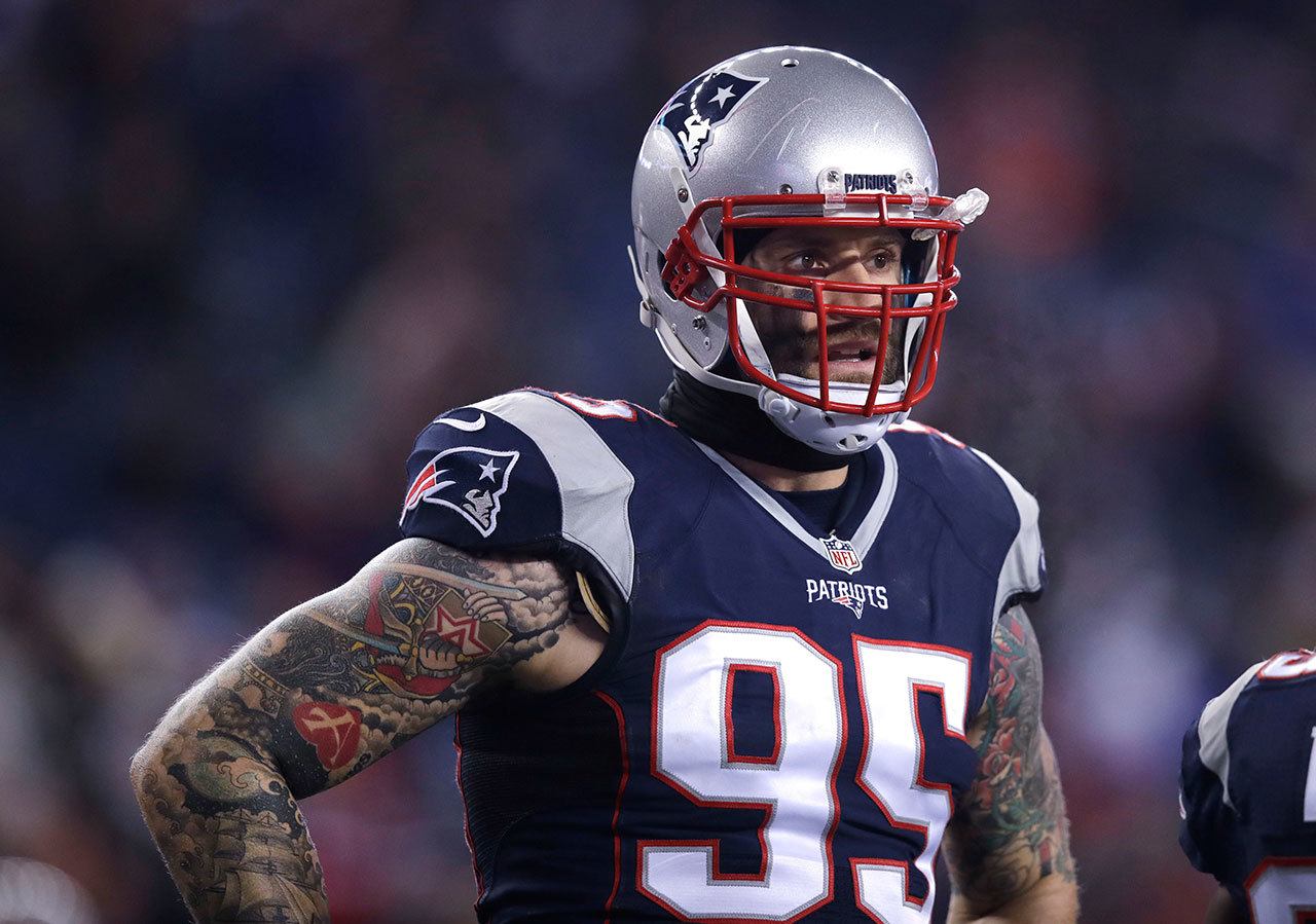 Patriots defensive end Chris Long (95) before a game against the Ravens on Dec. 12, 2016, in Foxborough, Mass. (AP Photo/Charles Krupa)