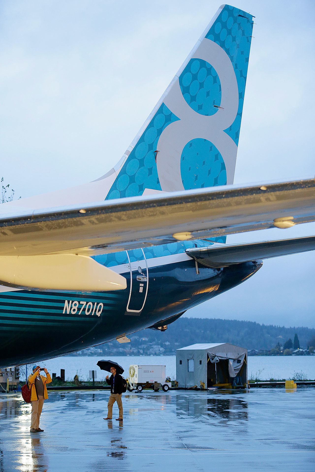 In this Dec. 8, 2015 photo, the first Boeing 737 MAX airplane to roll off Boeing’s assembly line in Renton is shown parked before an employee-only rollout event. (AP Photo/Ted S. Warren, File)