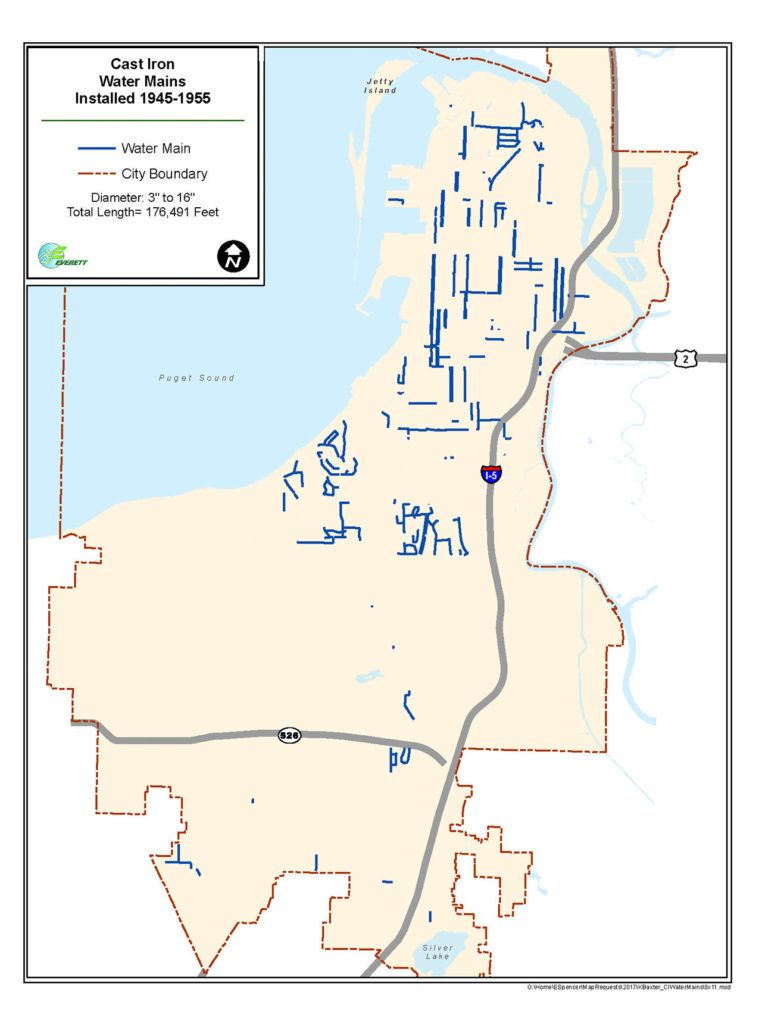 There are 33 miles of cast iron pipe in Everett that date from the 1945-1955 period. Most of those pipes are located in the north end of town. Locations are approximate based on the best information available. (Source: City of Everett)
