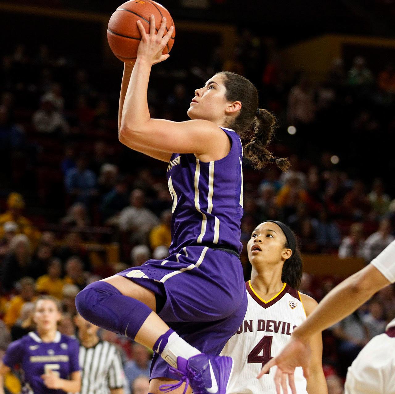 Washington guard Kelsey Plum scored 34 points in the eighth-ranked Huskies’ 65-54 win over Arizona State on Sunday. (Ben Moffat/The Arizona Republic via AP)