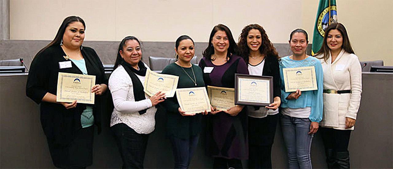 Northshore School District’s Natural Leaders Program received the 2016 Outstanding Human Services Program award from the North Urban Human Services Alliance at its annual meeting held Dec. 6 at Shoreline City Hall. From left are Natural Leaders Beatriz Villanueva, Maria Rangel and Sintia Nevarez; Natural Leader Specialist Elizabeth Meza; WABS Family Engagement Program Manager Yuri Jenson; Natural Leader Nattali Jimenez; and WABS Executive Director Emily Yim. (Contributed photo)